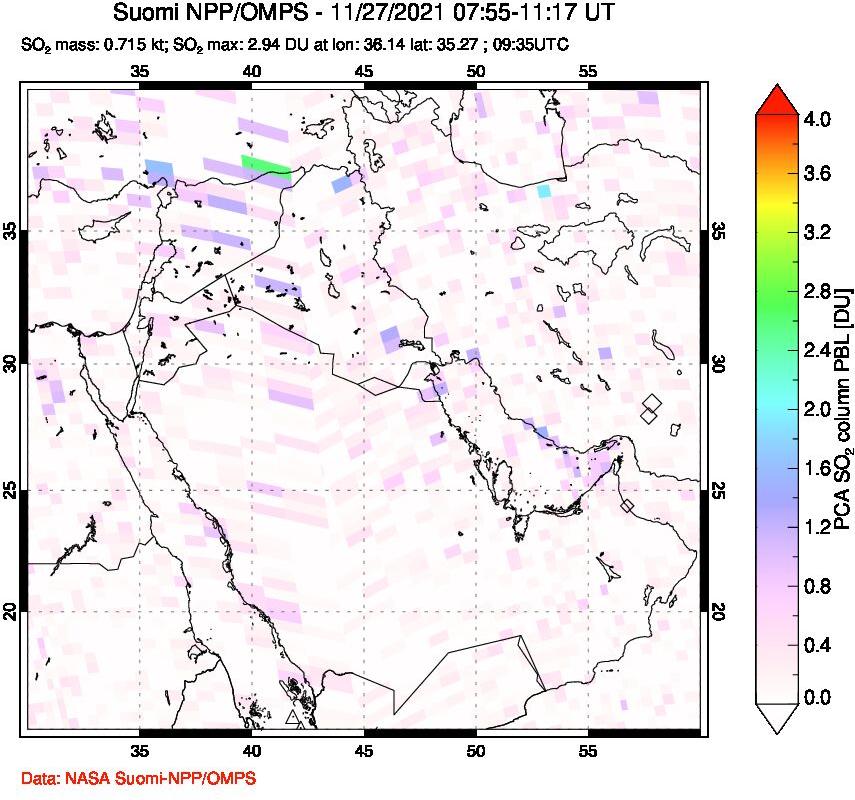 A sulfur dioxide image over Middle East on Nov 27, 2021.