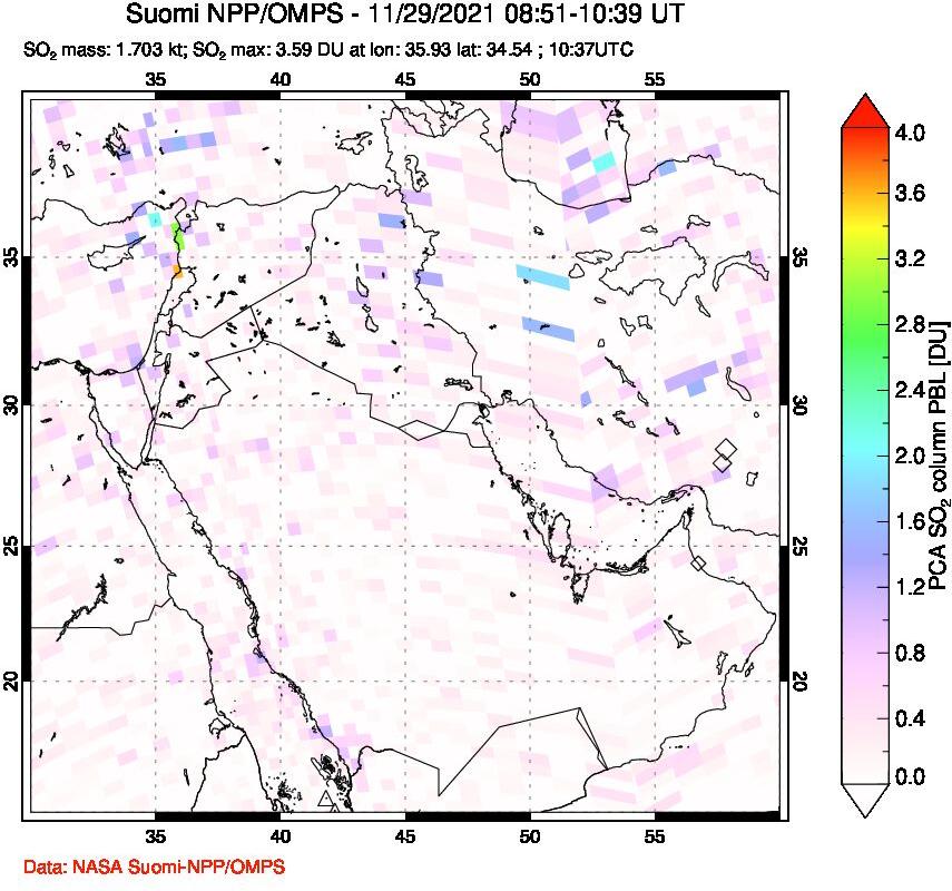 A sulfur dioxide image over Middle East on Nov 29, 2021.