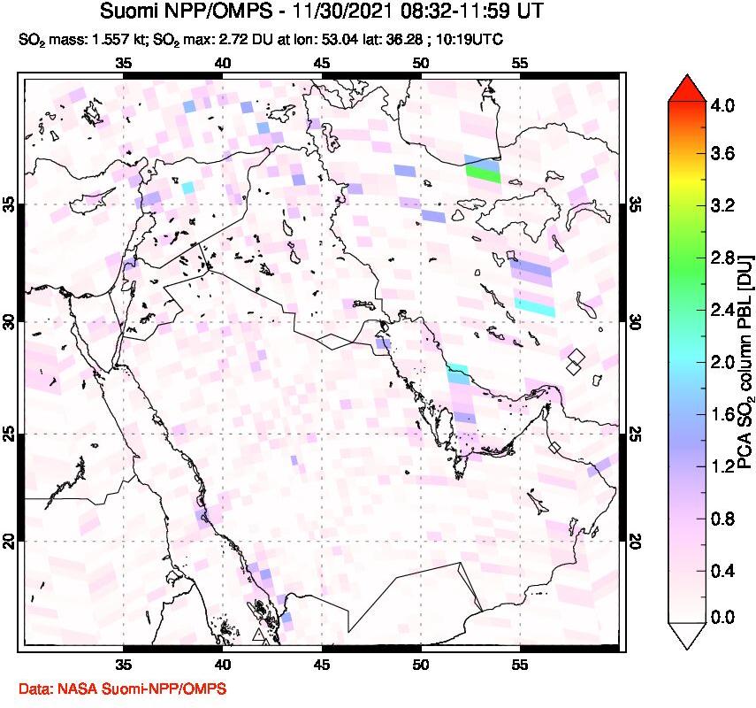 A sulfur dioxide image over Middle East on Nov 30, 2021.