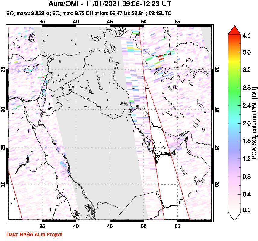 A sulfur dioxide image over Middle East on Nov 01, 2021.
