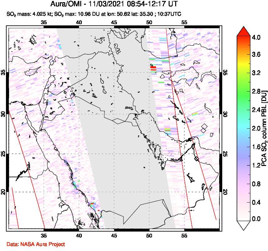 A sulfur dioxide image over Middle East on Nov 03, 2021.