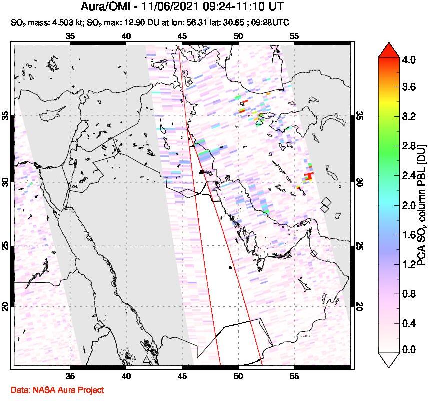 A sulfur dioxide image over Middle East on Nov 06, 2021.