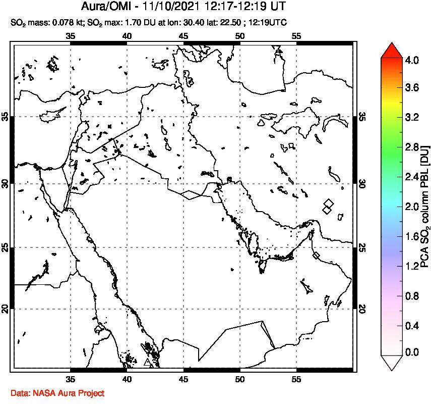 A sulfur dioxide image over Middle East on Nov 10, 2021.