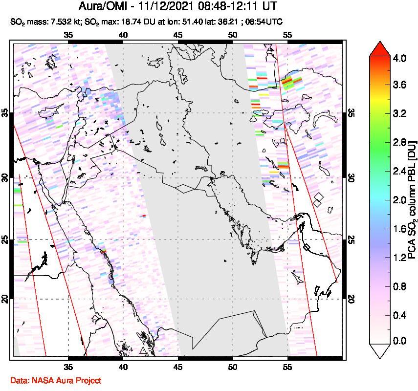 A sulfur dioxide image over Middle East on Nov 12, 2021.