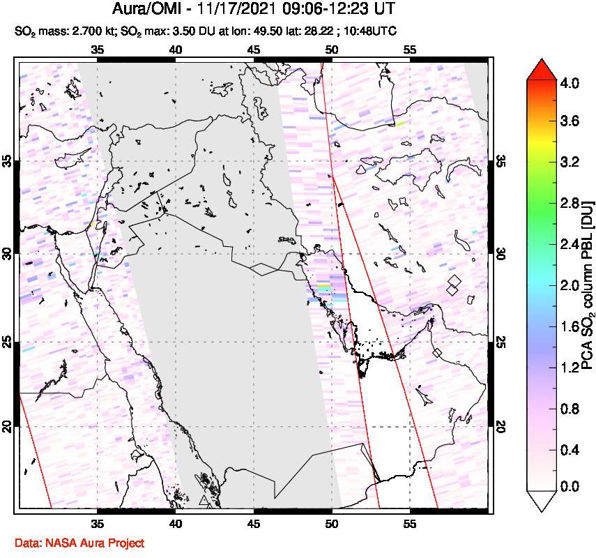 A sulfur dioxide image over Middle East on Nov 17, 2021.