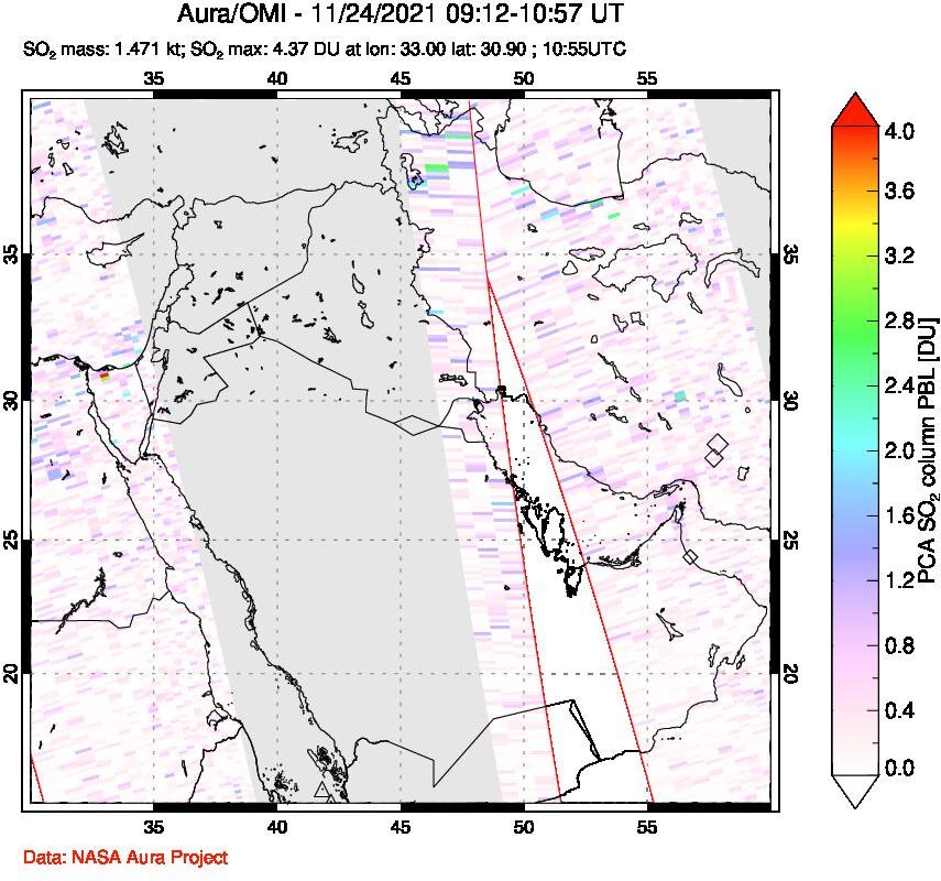 A sulfur dioxide image over Middle East on Nov 24, 2021.