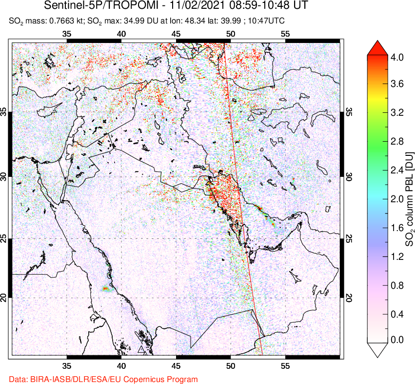 A sulfur dioxide image over Middle East on Nov 02, 2021.