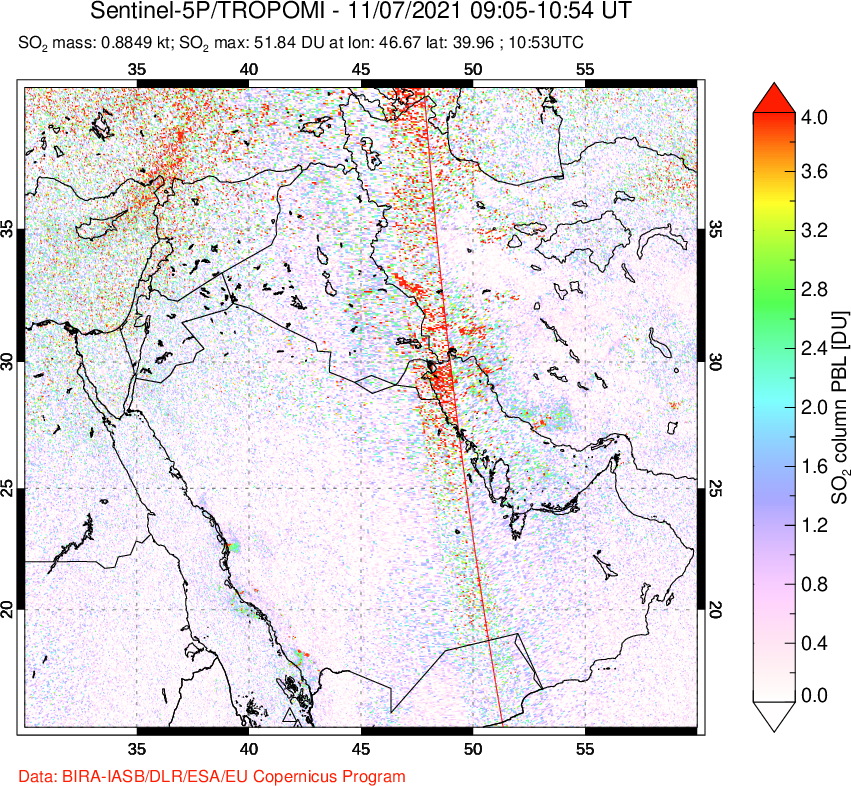 A sulfur dioxide image over Middle East on Nov 07, 2021.