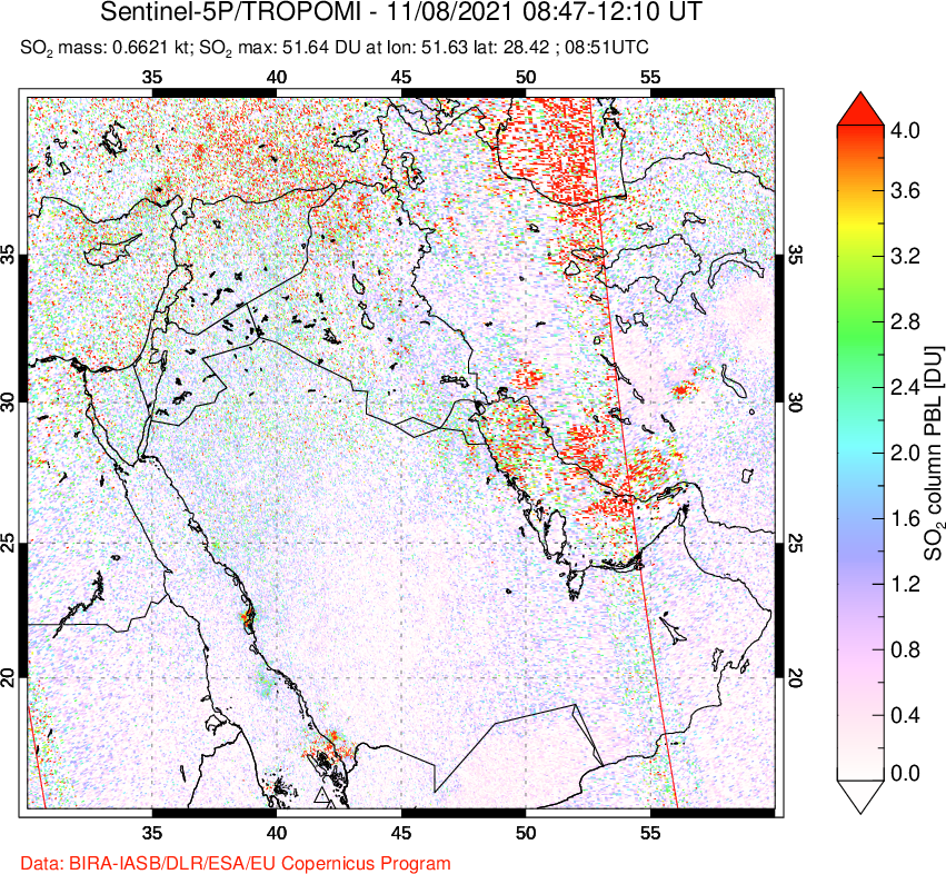 A sulfur dioxide image over Middle East on Nov 08, 2021.