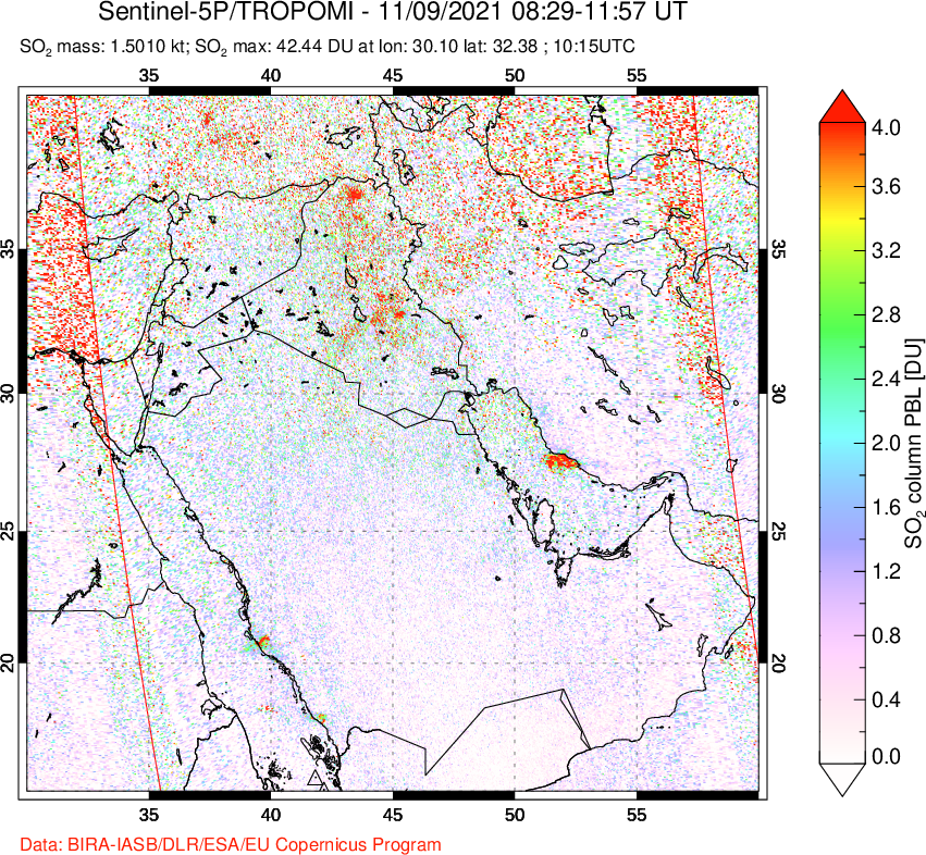 A sulfur dioxide image over Middle East on Nov 09, 2021.