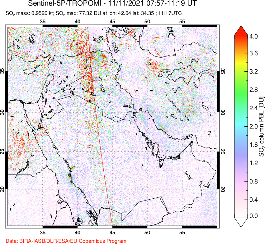 A sulfur dioxide image over Middle East on Nov 11, 2021.