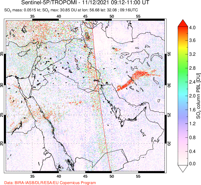 A sulfur dioxide image over Middle East on Nov 12, 2021.