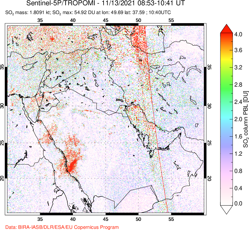 A sulfur dioxide image over Middle East on Nov 13, 2021.