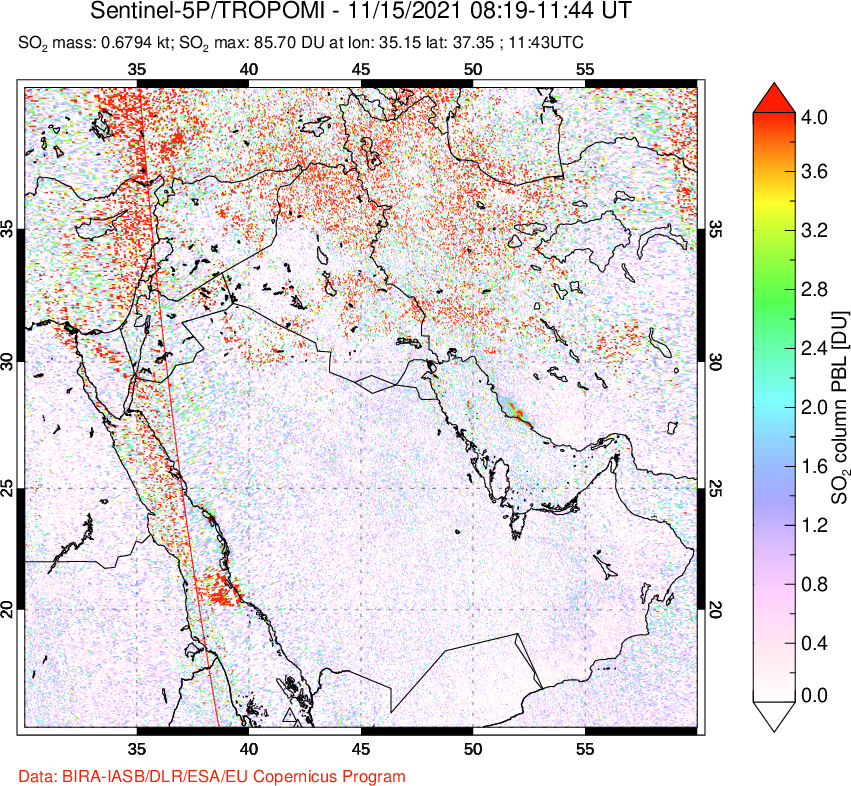 A sulfur dioxide image over Middle East on Nov 15, 2021.