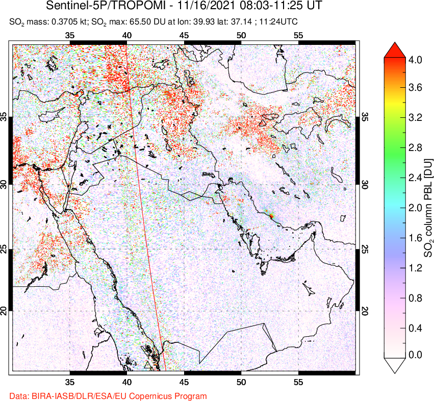 A sulfur dioxide image over Middle East on Nov 16, 2021.