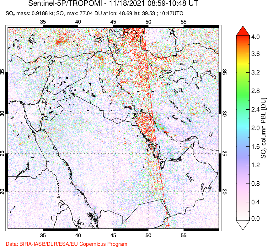 A sulfur dioxide image over Middle East on Nov 18, 2021.