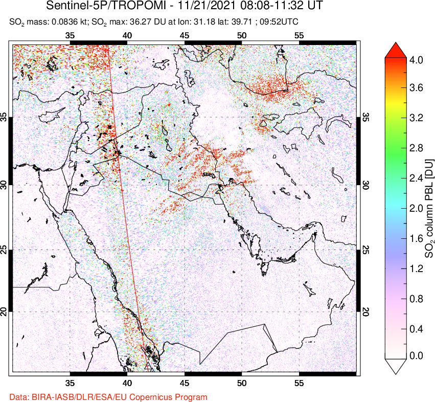 A sulfur dioxide image over Middle East on Nov 21, 2021.