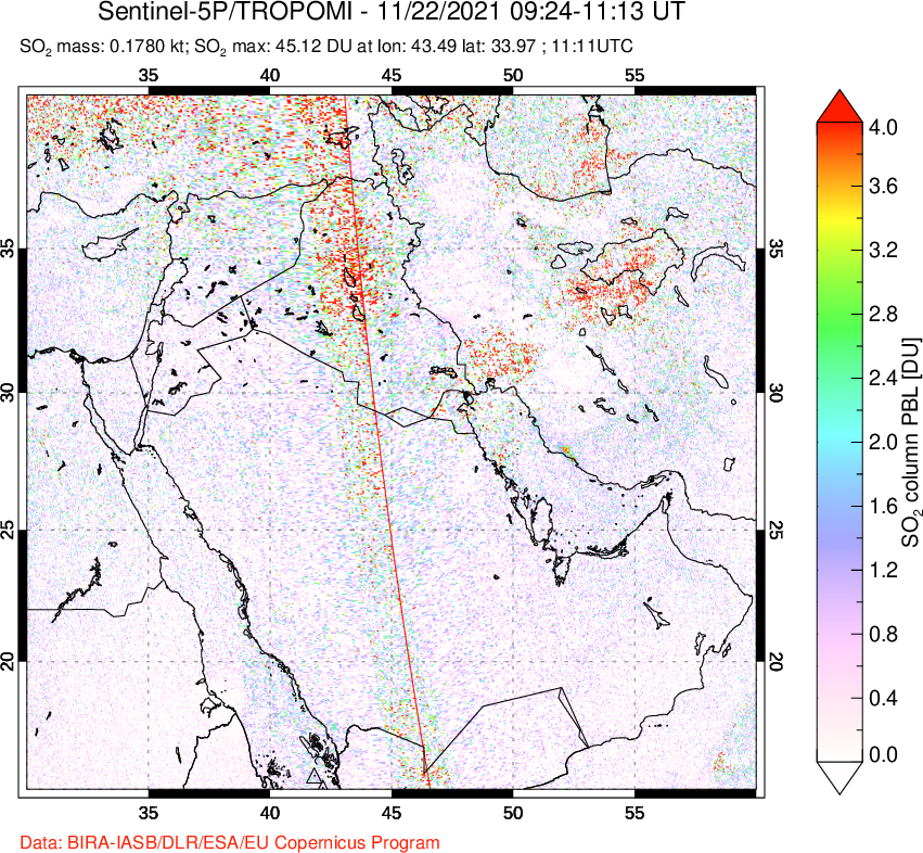 A sulfur dioxide image over Middle East on Nov 22, 2021.