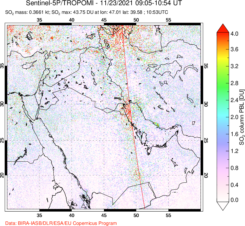 A sulfur dioxide image over Middle East on Nov 23, 2021.