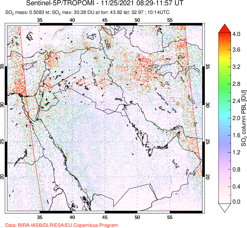 A sulfur dioxide image over Middle East on Nov 25, 2021.