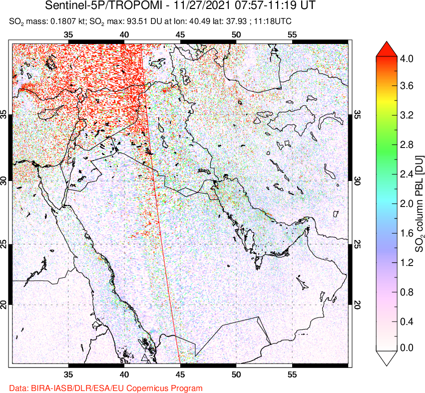 A sulfur dioxide image over Middle East on Nov 27, 2021.