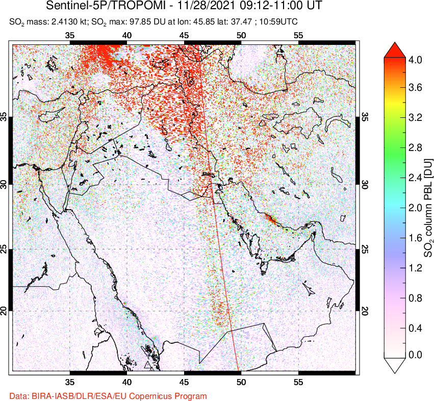 A sulfur dioxide image over Middle East on Nov 28, 2021.
