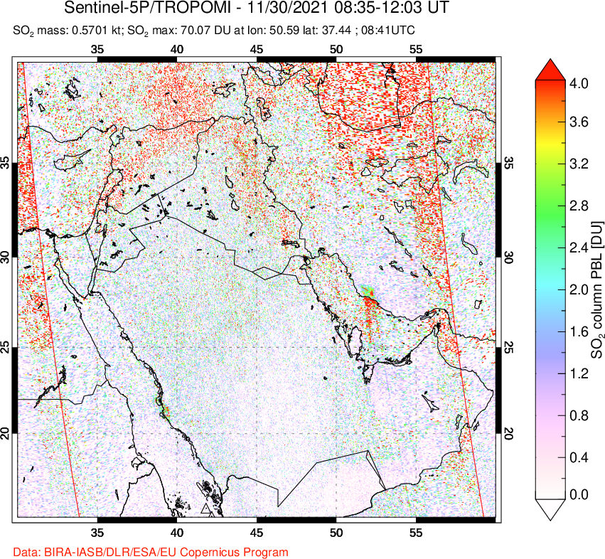 A sulfur dioxide image over Middle East on Nov 30, 2021.
