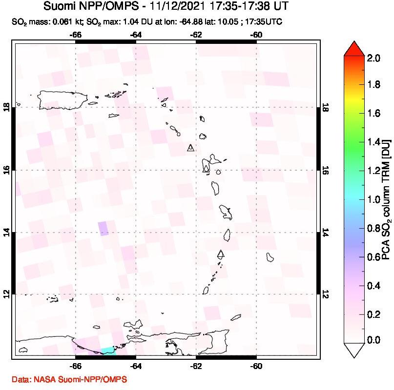 A sulfur dioxide image over Montserrat, West Indies on Nov 12, 2021.