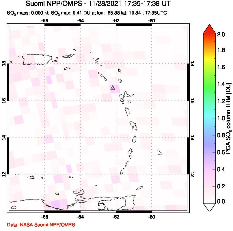 A sulfur dioxide image over Montserrat, West Indies on Nov 28, 2021.