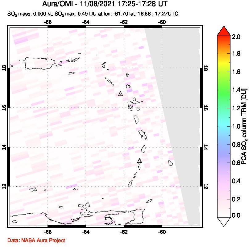 A sulfur dioxide image over Montserrat, West Indies on Nov 08, 2021.