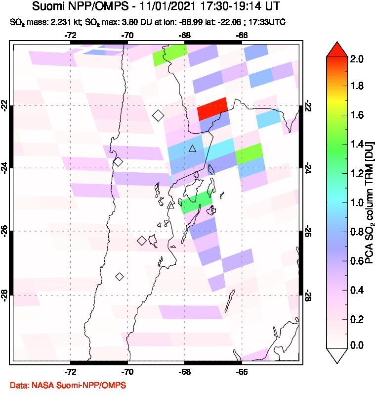 A sulfur dioxide image over Northern Chile on Nov 01, 2021.