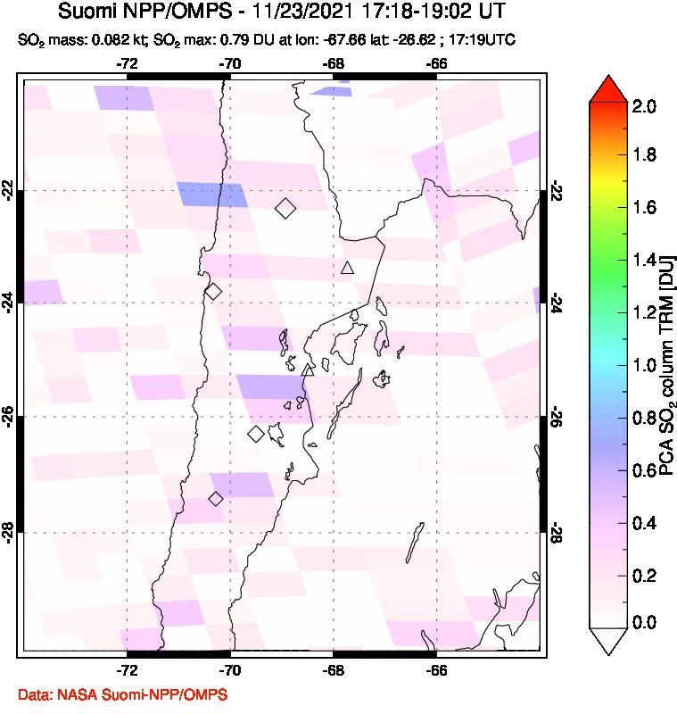 A sulfur dioxide image over Northern Chile on Nov 23, 2021.