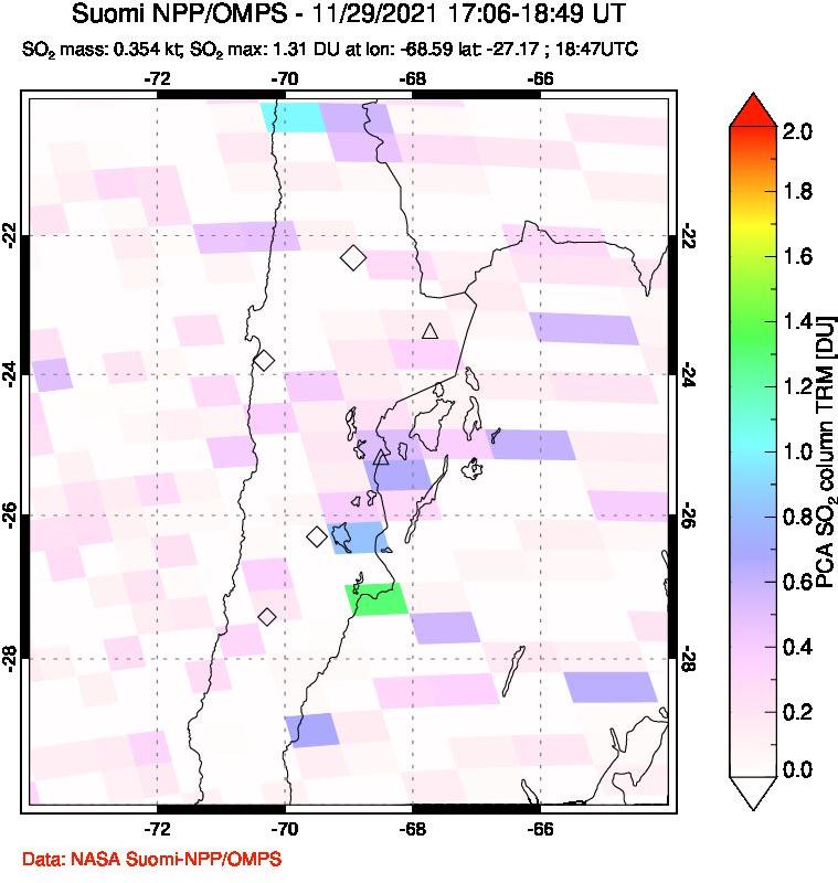 A sulfur dioxide image over Northern Chile on Nov 29, 2021.