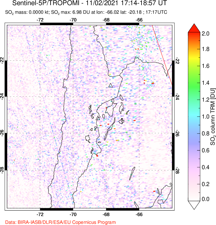 A sulfur dioxide image over Northern Chile on Nov 02, 2021.