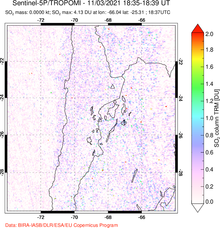 A sulfur dioxide image over Northern Chile on Nov 03, 2021.