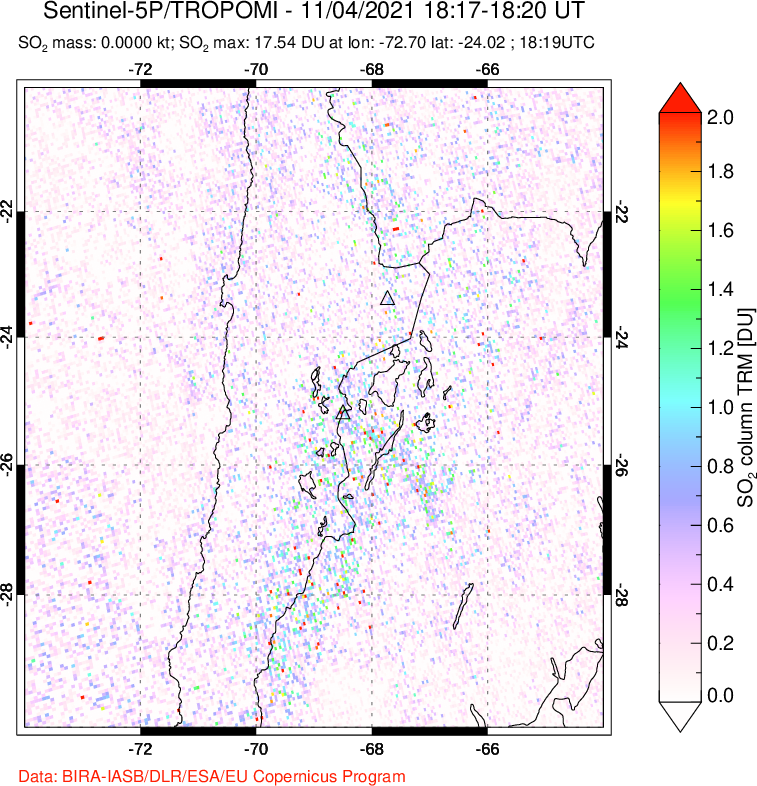 A sulfur dioxide image over Northern Chile on Nov 04, 2021.