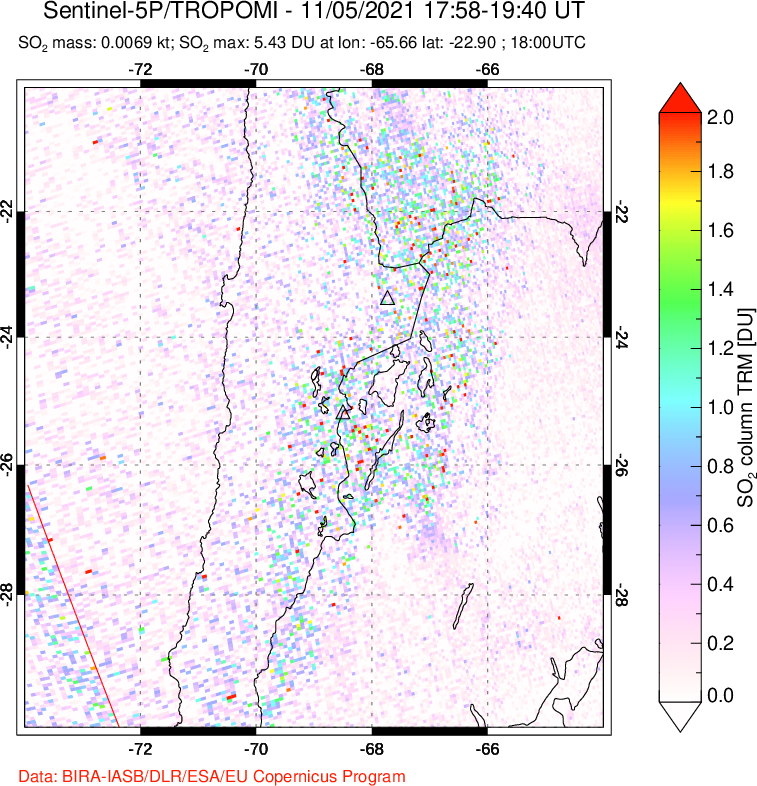A sulfur dioxide image over Northern Chile on Nov 05, 2021.