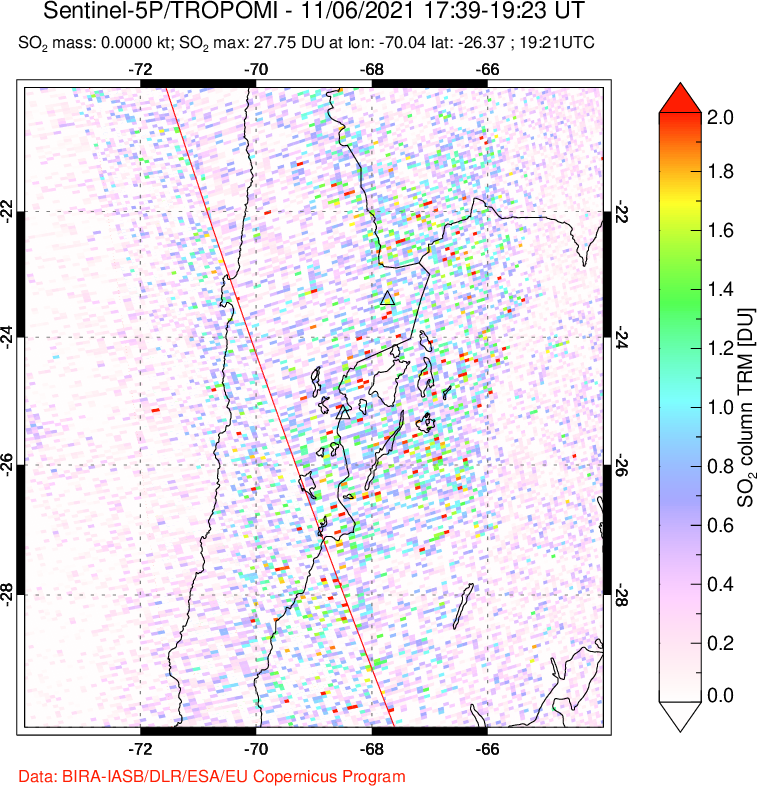 A sulfur dioxide image over Northern Chile on Nov 06, 2021.