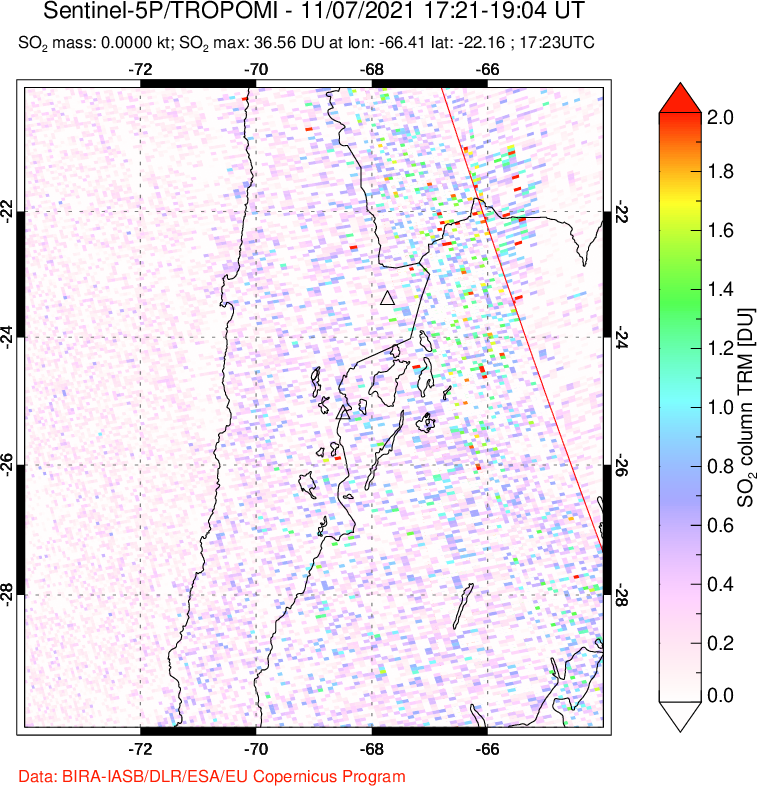 A sulfur dioxide image over Northern Chile on Nov 07, 2021.