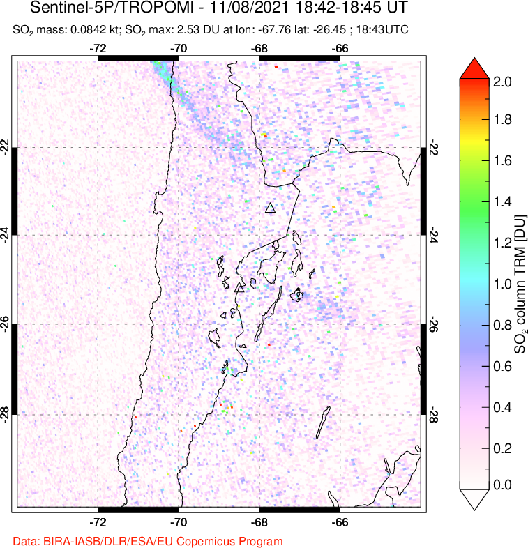 A sulfur dioxide image over Northern Chile on Nov 08, 2021.