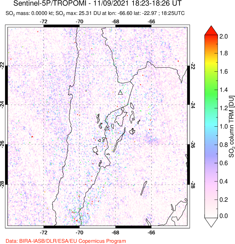 A sulfur dioxide image over Northern Chile on Nov 09, 2021.