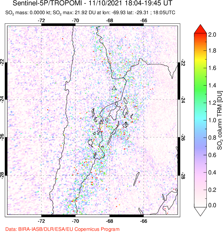 A sulfur dioxide image over Northern Chile on Nov 10, 2021.