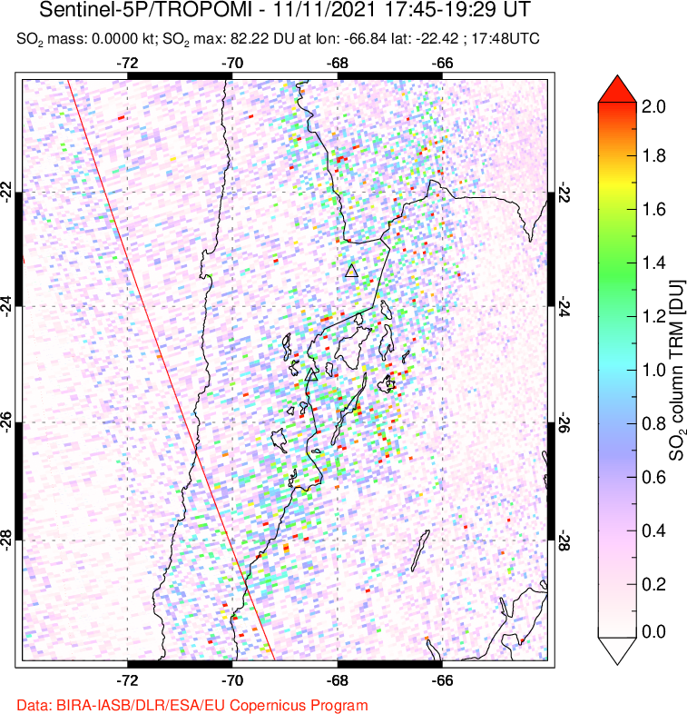 A sulfur dioxide image over Northern Chile on Nov 11, 2021.