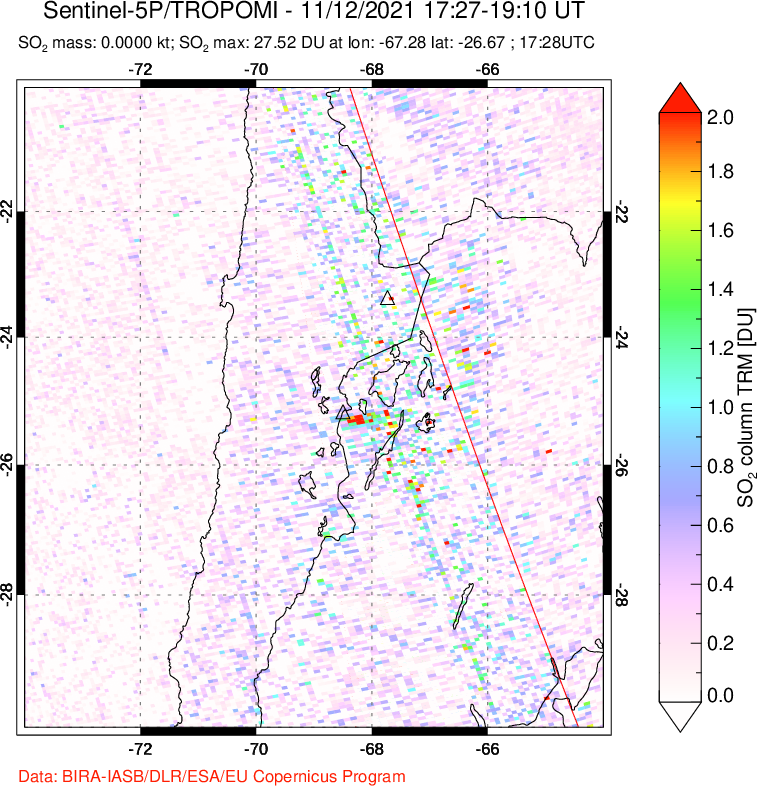 A sulfur dioxide image over Northern Chile on Nov 12, 2021.