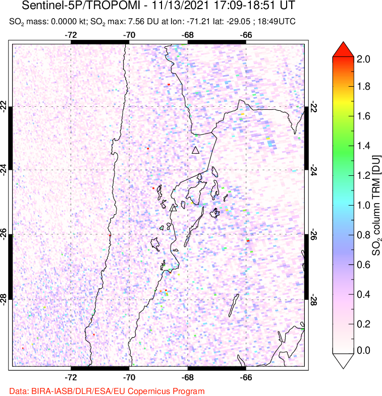 A sulfur dioxide image over Northern Chile on Nov 13, 2021.