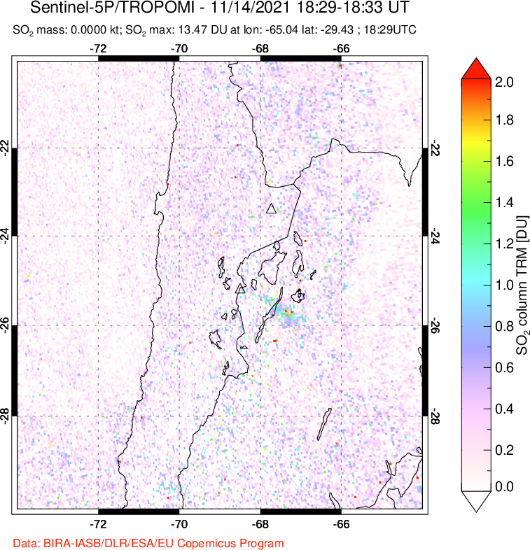 A sulfur dioxide image over Northern Chile on Nov 14, 2021.