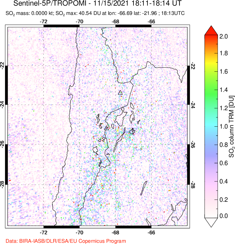 A sulfur dioxide image over Northern Chile on Nov 15, 2021.