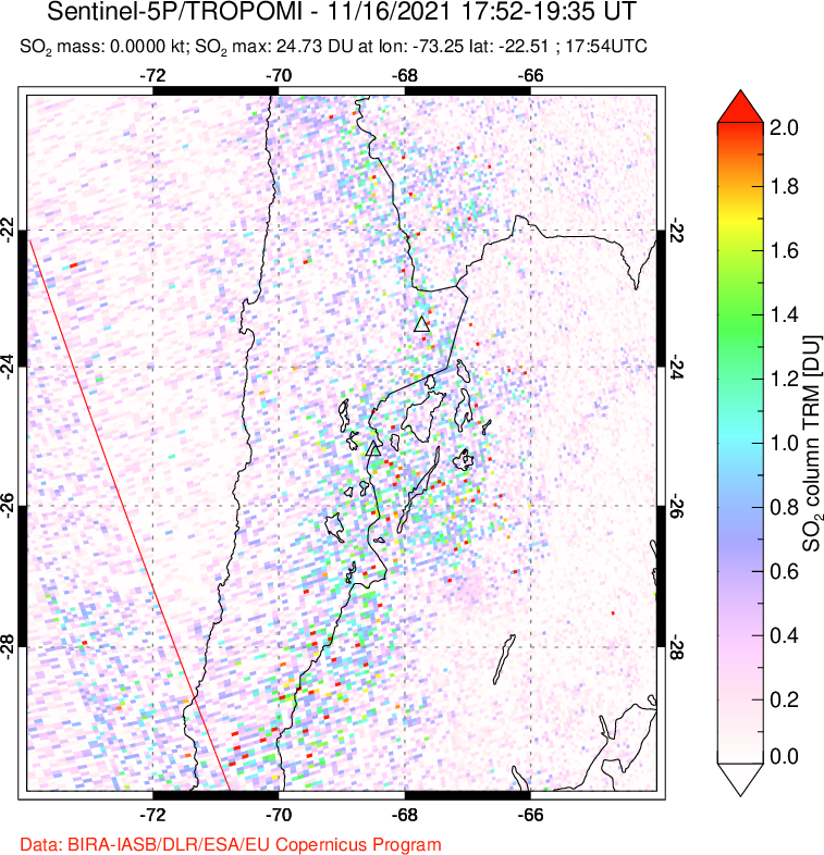 A sulfur dioxide image over Northern Chile on Nov 16, 2021.