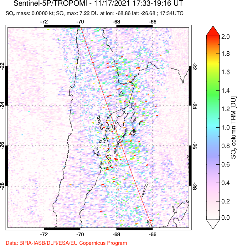 A sulfur dioxide image over Northern Chile on Nov 17, 2021.