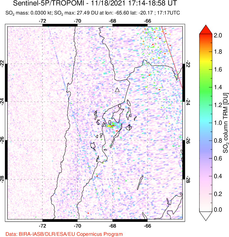 A sulfur dioxide image over Northern Chile on Nov 18, 2021.